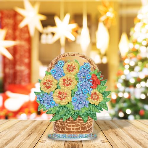 Image of AiYuanzsh Flower Basket Diamond Art Tabletop Ornament, Floral Double-Sided Acrylic Diamond Painting Desktop Decoration Kit, Large DIY Crystal Diamond Art Kits for Living Room Office Table Decor