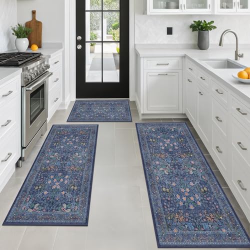 JTJ Washable Kitchen Rug Set 3 Piece, Non-Slip Dark Blue Runner Mats with Vintage Botanical Tapestry Design, Soft Low-Pile Floor Protectors for Sink, Hallway and Busy Home Spaces