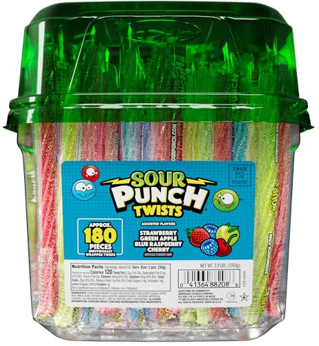 Sour Punch Twists, Sour Candy 6" Individually Wrapped Chewy Candy, 4 Assorted Fruity Flavors
