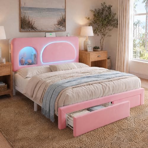 Image of Full Storage Bed Frame with Bookcase Headboard & Charging Station, Beige