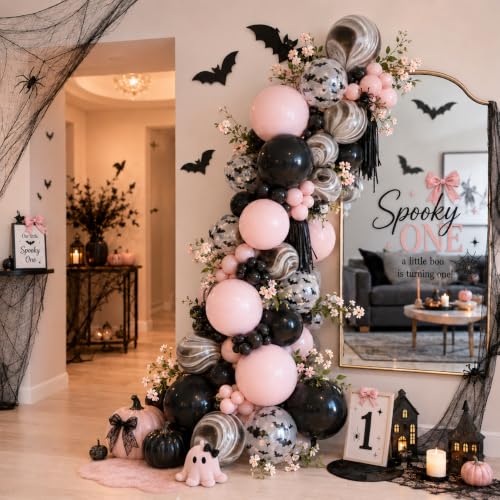 Image of HILAVO Pink Halloween Balloons Pastel Pink and Black Bat Balloons | for A Little Boo Baby Shower Ghouls Night Booday Spooky One Birthday Girly Halloween Party