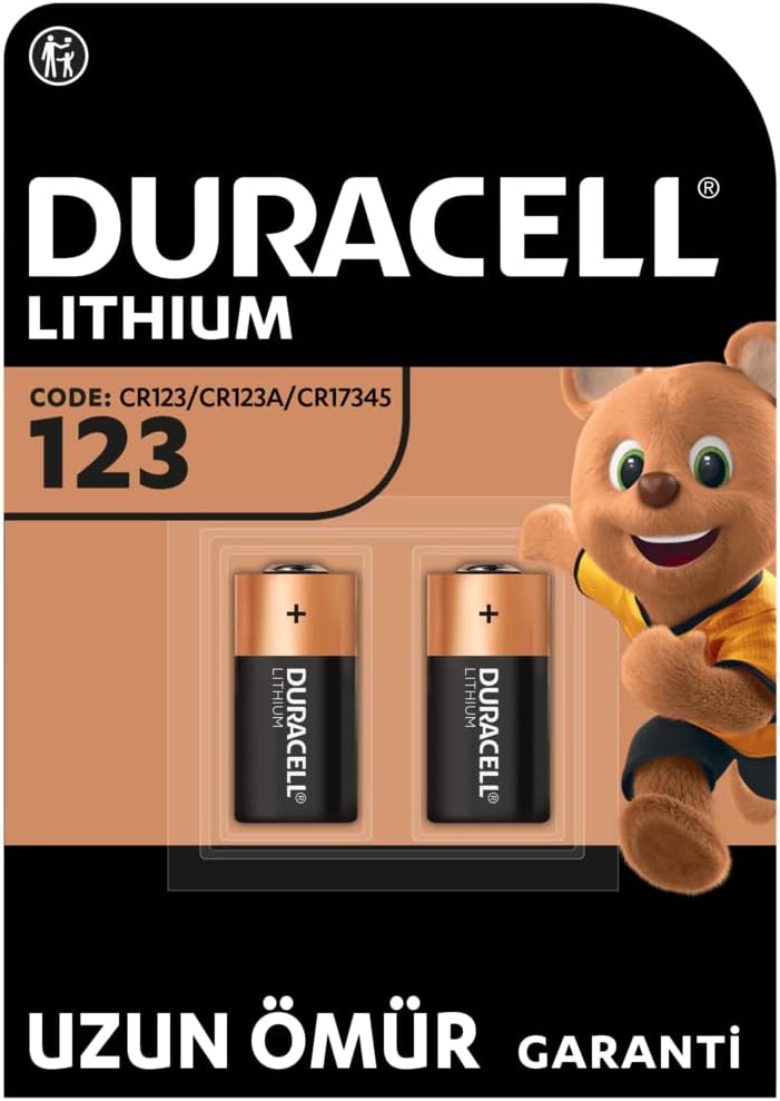 Duracell CR123 Yüksek Güçlü Lityum Pil (2’li Paket) 3V (CR123A / CR17345) – Uzun kullanım ömrü – Kameralarda, Duman Dedektörlerinde Kullanım İçin – 10 Yıl Depolama Ömrü Garantisi - Sızıntı Önleme