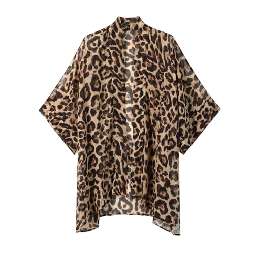 Damen Bohemian Chiffon Kimono Cardigan Strand Cover Up Bikini Schal Bluse für Bademode Beachwear, Leopardenmuster, Einheitsgröße Mehr