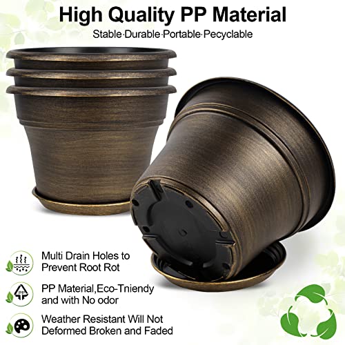 Plant Planters Pots Set of 4 Pack 10 Inch, Plastic Flower Pot For Indoor Plants With Drainage Holes & Trays, Resin Decorative Container Sets With Saucer For House Outdoor Garden Planters Dark Gold by Fodetyff - Image 5