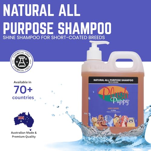 Image of PLUSH PUPPY Shampoo for Cats and Dogs - Ideal for Short Coated Breeds, Enhances Shine, Maintains Skin Health, Paraben Free, No Artificial Fragrance, All Purpose Pet Shampoo with Henna (1 L)