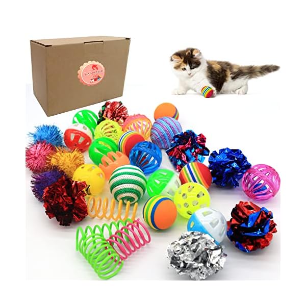 LASOCUHOO Katzenspielzeug, Kätzchen-Ball, Spielzeug-Sortiment, einschließlich Regenbogenball, Knisterball, Glitzerball, Glockenbälle, Sisalball, Leinenball für Katzen und Kätzchen, 30 Stück