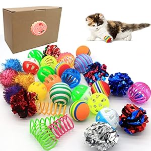 LASOCUHOO Cat Toys, Kitten Cat Ball Toys Assortments, Including Rainbow Ball, Crinkle Ball, Sparkle Ball, Bell Balls, Sisal Ball for All Cats 30 Packs