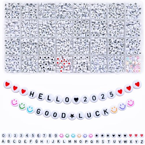 Amaney 1600pcs Acrylic Letter Beads - 4x7mm White, A-Z 31 Styles for Jewelry Making Bracelets, Necklaces, Key Chains