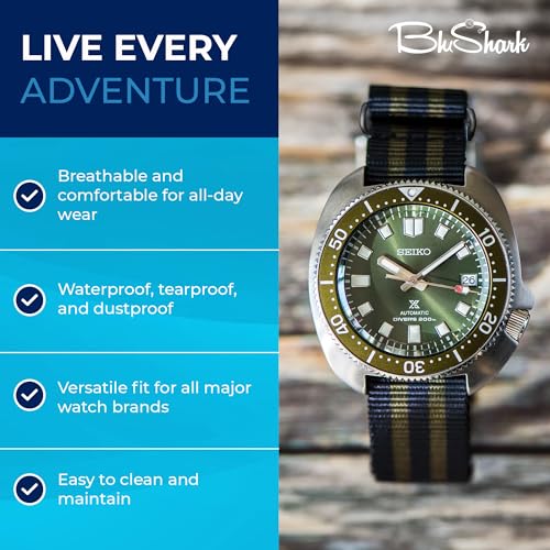 Image of BluShark - Original Collection Military-Style Waterproof Watch Strap, Fits All Timepiece Brands, Durable Nylon Wristwatch Accessories with Stainless Steel Buckle - 18mm, 20mm, 22mm & 24mm Watch Bands