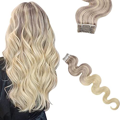 Body Wave Hair Extensions Tape in Human Hair Extensions Wavy Hair Extension Tape in Balayage Ombre Ash Blonde to Blonde with Platinum Blonde 18inch Human Hair Extensions 50g 20pcs
