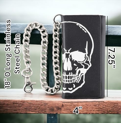 Image of F&L CLASSIC RFID Blocking Mens Tri-fold Long Style Leather Steel Chain Wallet,black skull,212-50