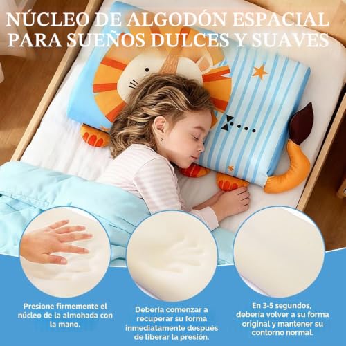 Miniatura 5 de Almohada Infantil, 45 x 27 cm Almohada para Niños, Almohada Niño con Funda, con Memoria, Transpirable y Suave, Almohadas Ergonómica para Niños de 3 a 12 Trae Dulces Sueños (León)