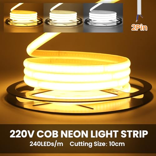 Wisada 220V Neon Streifen Selbstklebend Innen, Schnitt alle 10cm, 2-adrig Anschluss an AC 230V COB LED Band, 240LEDs/m Flexible Superhell LED Lichtband für Weihnachten(Warmweiß,5m)