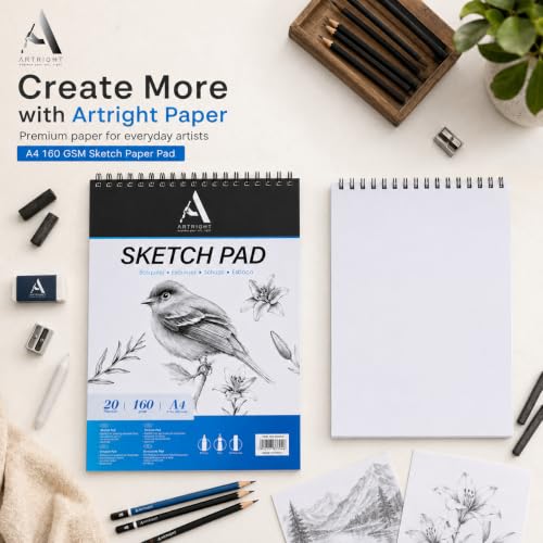 Image of ArtRight A4 Portrait Sketch Pad - 20 Sheets, 160 GSM, Spiral Bound Sketch Book for Pen, Pencil, Ink, Mandala and Charcoal Media (Acid-Free Sheets)