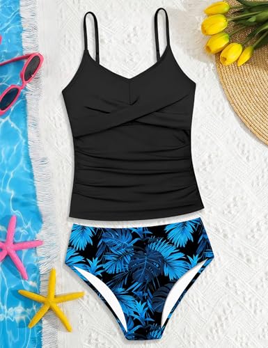 Image of Girls Swimsuit 2 Piece Bathing Suit Criss Cross Ruched Girl Tankini Sets Printed Girls' Swimwear for 9-18 Years