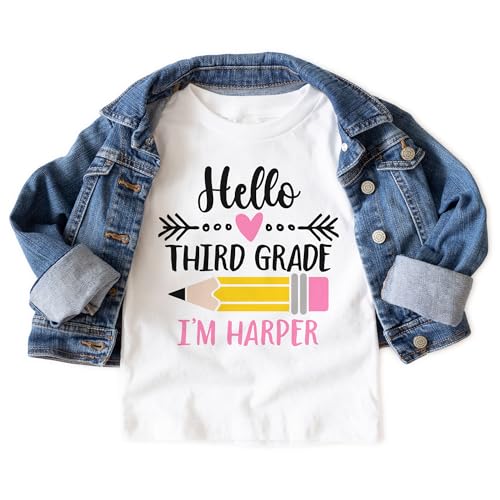 Hello Third 3rd Grade Personalized Shirts For Girls - Custom Name Back To School Pencil Outfit - Cute Gift For First Day Of School Announcement - Natural Toddler & Youth T-Shirt3