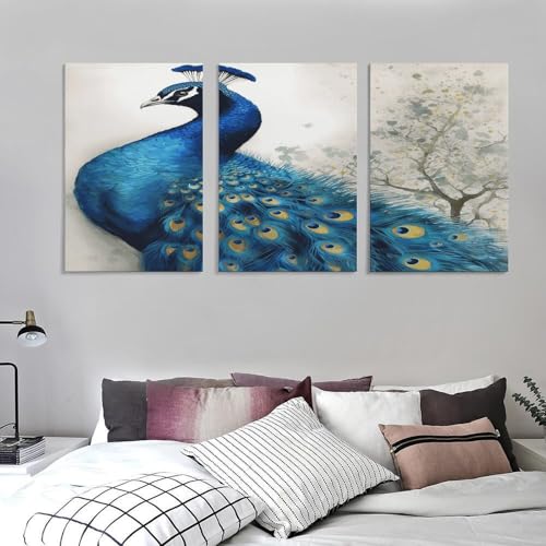 Toile murale paon bleu triptique vertical tableau decoration salon