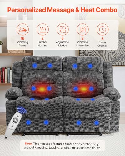 Image of VEVOR Loveseat Recliner Sofa, Manual Reclining Couch with Heating and Massage, Soft Corduroy Recliner Sofa with USB Ports, Cup Holders and Side Storage Bags, Dual Loveseat Chair for Living Room, Grey