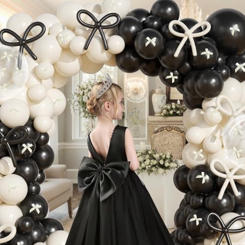 Image of Black and White Balloon Arch Kit, JOGAMS 199Pcs Black and White Bow Birthday Decorations with 260 Clear Balloons Ribbon Bow for Coquette Bow Birthday Bachelorette Baby Shower Bridal Shower Wedding