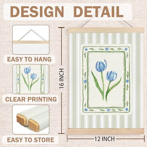 Image of PQKIY Grandmillennial Blue and Green Tulip Wall Art Poster Hanger Frame 12x16 in, French Country Cottagecore Floral Botanical Striped Wall Decor Canvas Prints for Home Bedroom Living Room