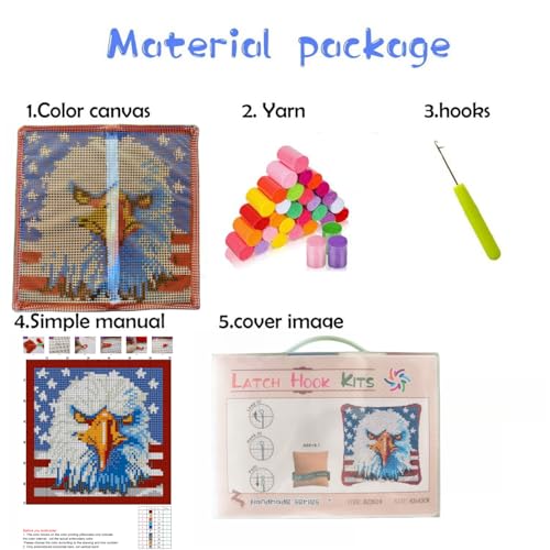 Image of American Flag Eagle Latch Hook Pillow Kit for Adults Throw Pillow Cover with Printed Canvas Crochet Yarn Needle Craft Easy DIY Handmade Cushion for Sofa Decoration 43x43cm(5)