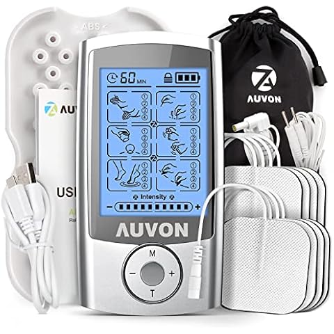 AUVON Rechargeable TENS Unit Muscle Stimulator, 24 Modes 4th Gen TENS Machine with 8pcs 2"x2" Premium Electrode Pads for Pain Relief Cover