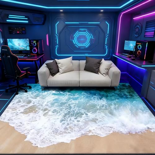3D Visual Blue Ocean Rug with Beach Design Carpet, Large Sea Wave Area Rugs for Girls Bedroom-Cute Garden Mat Non-Slip Sofa Mat (Sea Wave,48''x64'')