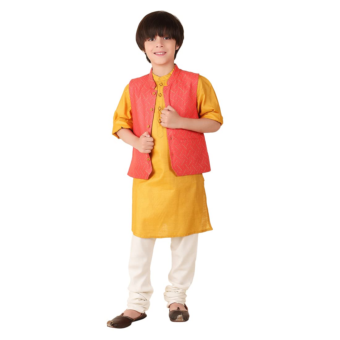 Fabindia Boy's Orange Viscose Silk Printed Jacket (1028667CORAL_Coral 4