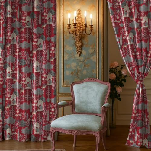 Image of LINENWALAS Pichwai Printed 100% Blackout Curtains for 7 Feet Door Set of 2 Panels, Thermal Insulated, Noise Reducing Luxury Drapes, Heritage Art Inspired Premium Curtains for Living Room (Red)