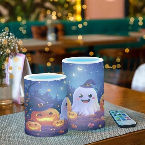Image of Flickering Flameless Candles, Halloween Ghosts Pumpkins LED Candles with Remote Timer, Set of 2 Battery Operated Candle for Valentine Wedding Birthday