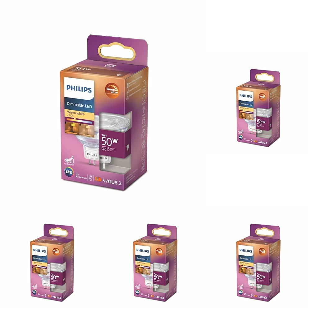 Philips ampoule LED Spot GU5.3 50W Blanc Chaud, Compatible Variateur (Lot de 5)