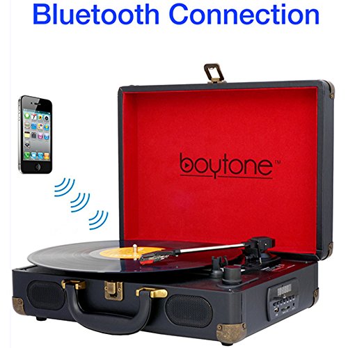 Boytone BT-101B Bluetooth Turntable Briefcase Record Player AC-DC, Built in Rechargeable Battery, 2 Stereo Speakers 3-Speed, LCD Display, FM Radio, USB/SD Slot, AUX / MP3, Encoding, 110 to 220 Volt.
