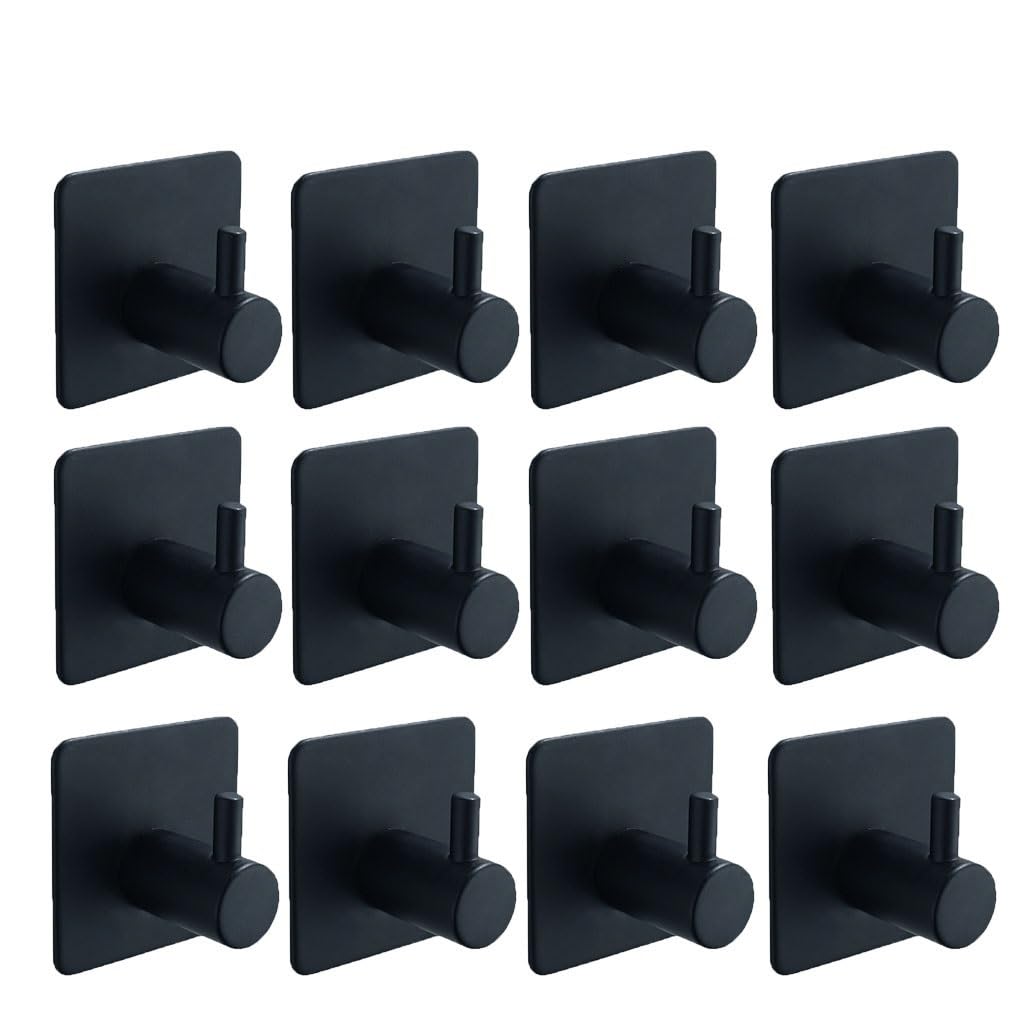 DXTFDHB Self Adhesive Hooks, Kitchen Bathrooms Towel Hooks, Wall Stainless Steel for Robe, Coat, Towel, Keys, Bags Heavy Duty Hook (Pack Of 12)(Black1)