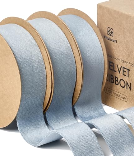 Vitalizart Dusty Blue Velvet Ribbon Set 1 Inch Double Faced for Christmas Ornaments Gift Wrapping 15 Yards Wreath Decoration Bows Making Holiday Crafts