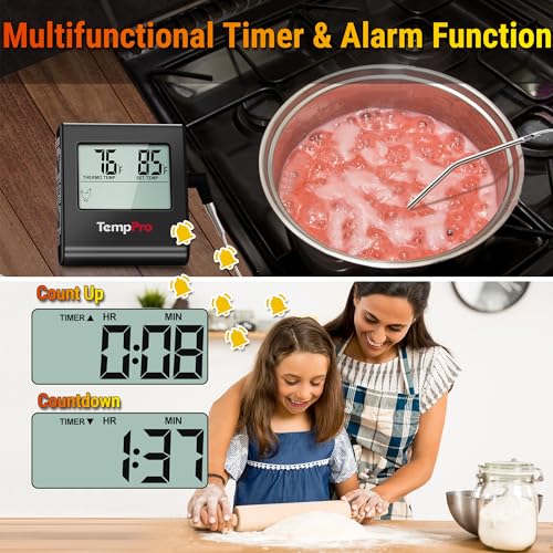 Image of TempPro TempTrack Large LCD Digital Meat Thermometer for Cooking, Smoking | Kitchen Food Probe Thermometer With Clock Timer, Stainless Steel Temperature Probe for Oven Smoker BBQ Grill Candy, Black