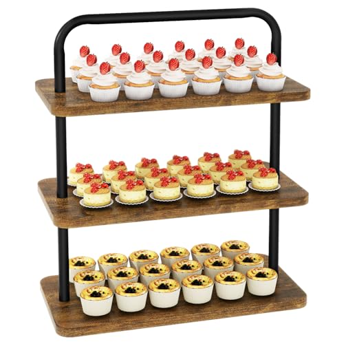 IBUYKE Suporte para cupcakes, torre de madeira de 3 níveis, suporte para 50 cupcakes, suporte de exibição de cupcakes para festas, Natal, casamento, chá de bebé, castanho rústico TLJ013H