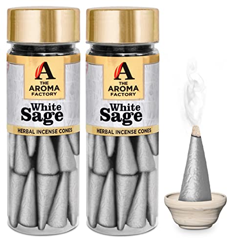 Image of The Aroma Factory Incense Dhoop Cone for Pooja, White Sage (100% Herbal & 0% Charcoal) 2 Bottles x 30 Cones