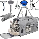 Pet Carrier Bag Airline Approved for Cats and Dogs Up to 20LBs, With Soft Travel Bag, Harness, Nail Clipper, Brush, Foldable Bowl