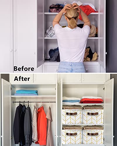 Storage Baskets For Organizing, Toy Box Chest Modern Herringbone Geometric White And Gold Foldable Cube Storage Bin With 2 Leather Handles Set Of 1 #TOP2