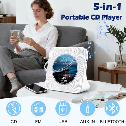 Image of Bluetooth CD Player with Built in HiFi Speakers, Desktop Music Player for Home, Support AUX, USB, FM Radio, Timer, Remote
