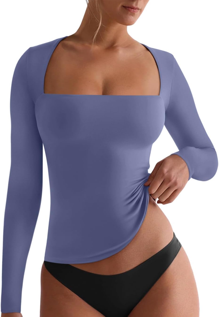 REORIA Fall Sexy Basic Square Neck Tops for Women Long Sleeve Double Lined Full Length Fitted T Shirts Tops Medium Blue Nova