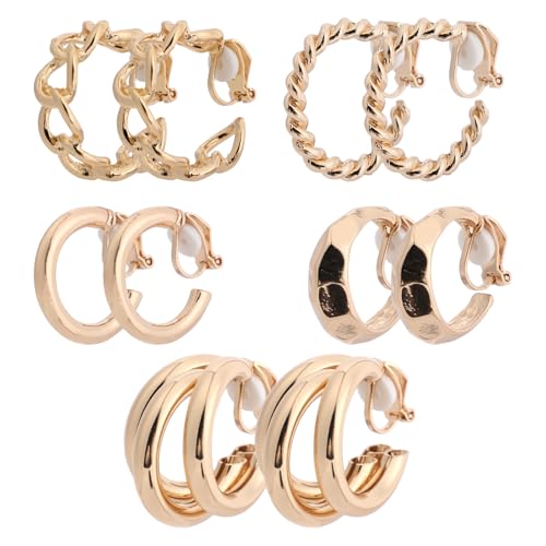5 pares de aretes tipo argolla dorados clip on para mujer