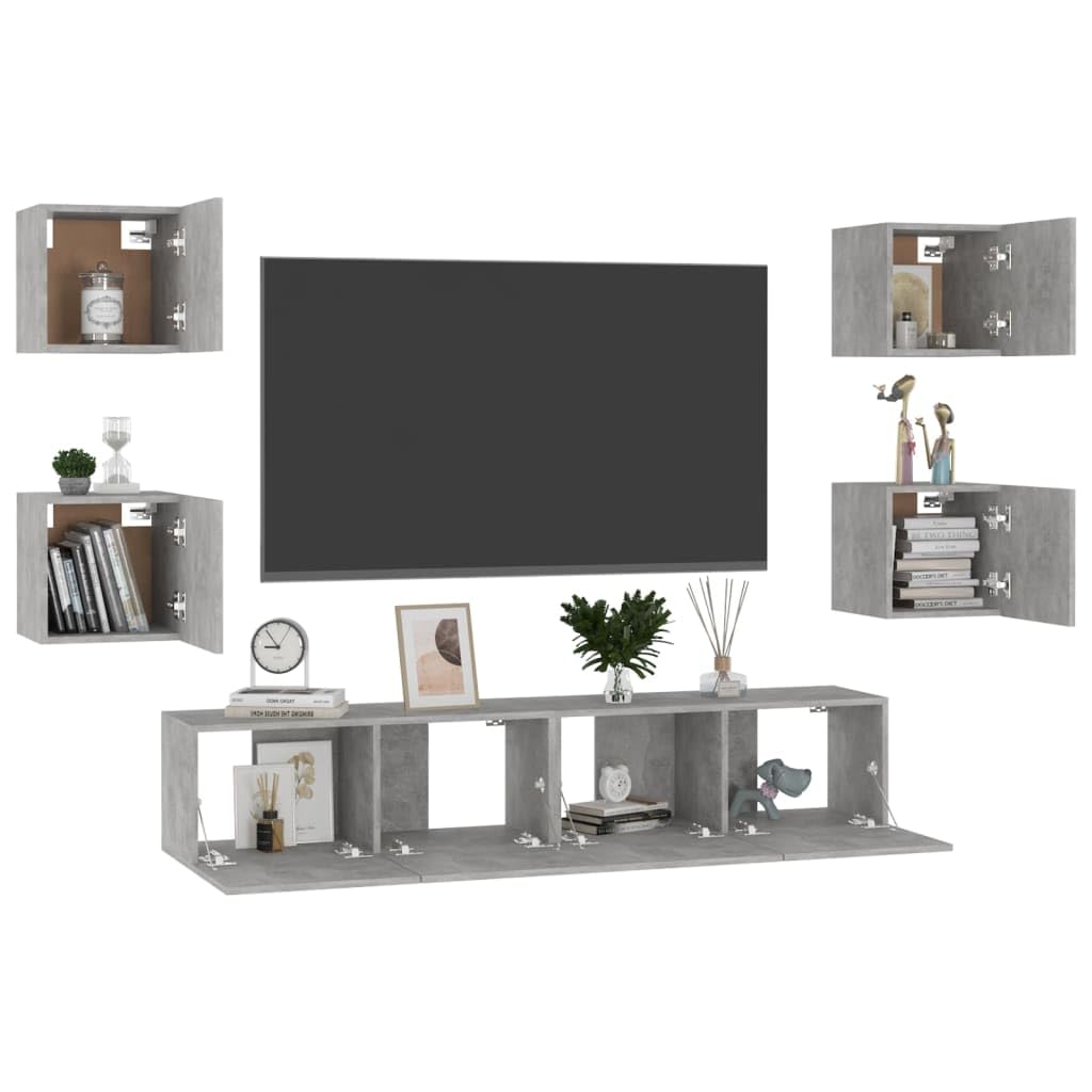 6-TLG. TV-Schrank-Set Betongrau Holzwerkstoff, Wandmontage, Modernes Media Center für Wohnzimmer, Schlafzimmer, Viel Stauraum