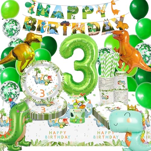 HLEIUKT Vajilla para Fiesta de Dinosaurio, Decorativas de Cumpleaños 3 Anni, Dinosaurio Globos de 3 Números, Juego de Vajilla Fiesta Globos Dinosaurio para Cumpleaños 3 Anni Fiesta(16 Invitado）