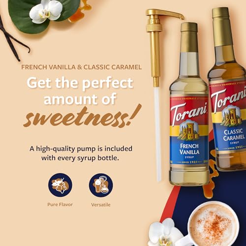 Image of Torani Syrups, Classic Caramel and French Vanilla Syrup Variety 2-Pack, Coffee Syrups for Drinks, Pumps Included, 25.4 Fl Oz Ea