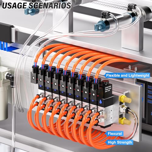 Image of TAILONZ PNEUMATIC Orange 1 /4 Inch OD 10 Meter 32.8ft PU Polyurethane Air Tubing Kit Pipe Hose Air Line Tubing Air Hose Fittings Push to Connect Fittings(27PCS)