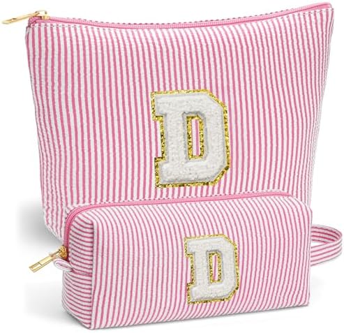 Travel Essentials - Portable Travel Makeup Bag Set for Women, Portable Initial Travel Toiletry Bag, Makeup Pouch Organizer Cosmetic Bag Birthday Gifts for Women, Pink Letter D