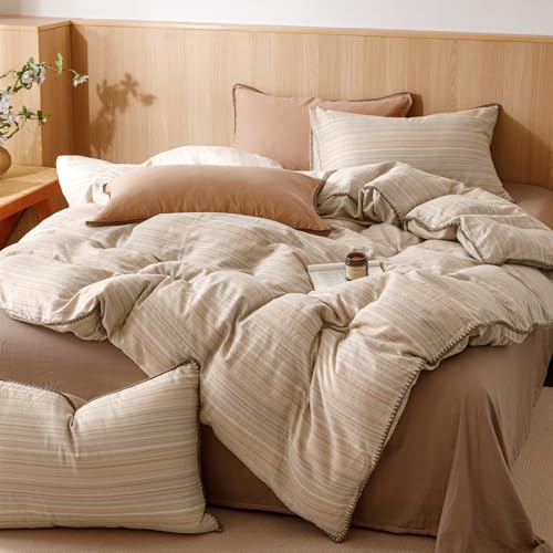 Image of VM VOUGEMARKET Brown Tan Duvet Cover King Striped Pattern Yarn Dyed Muslin Cotton Duvet Cover with Embroidered Edge Super Soft Cozy Bedding Set for Men Women,King Size
