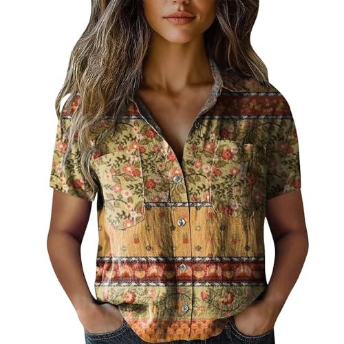 Ethnic Shirts for Women 2025 Women Cotton Shirt Printed V Neck Button Down Casual Tops Short Sleeve Blouse Matching