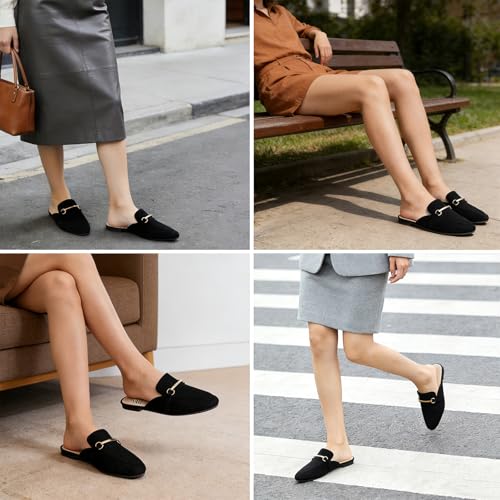 Image of MUSSHOE Gold Buckle Mules for Women - Comfortable Memory Foam Loafers, Classy Slip On Flats for Office Business Casual, Dressy Pointed Toe Shoes